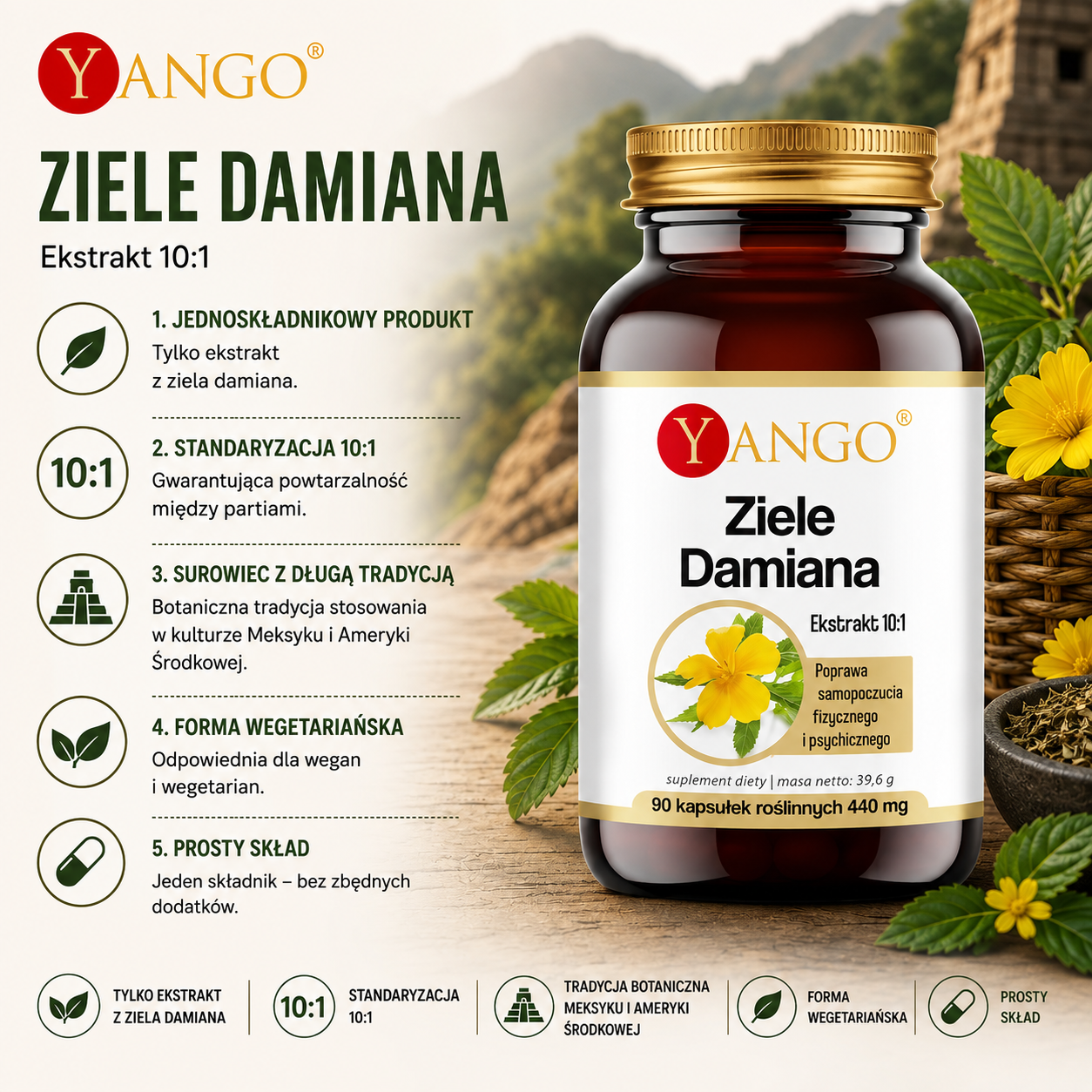 Ziele Damiana – suplement diety, ekstrakt 10:1 z ziela damiana, 90 kapsułek roślinnych, jednoskładnikowa formuła wegetariańska.