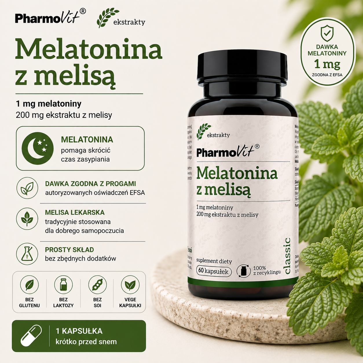 PharmoVit Melatonina z Melisą – suplement diety, 60 kapsułek, zawierający 1 mg melatoniny i 200 mg ekstraktu z melisy lekarskiej.
