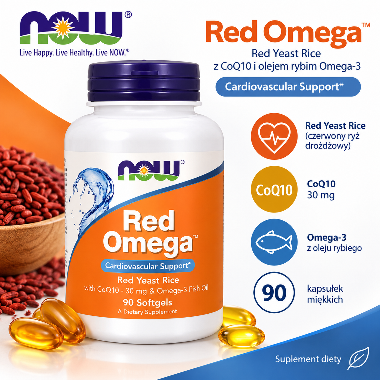 NOW Foods Red Omega – suplement diety, 90 kapsułek softgel, zawierający czerwony ryż drożdżowy, koenzym Q10 30 mg oraz olej rybi Omega-3.