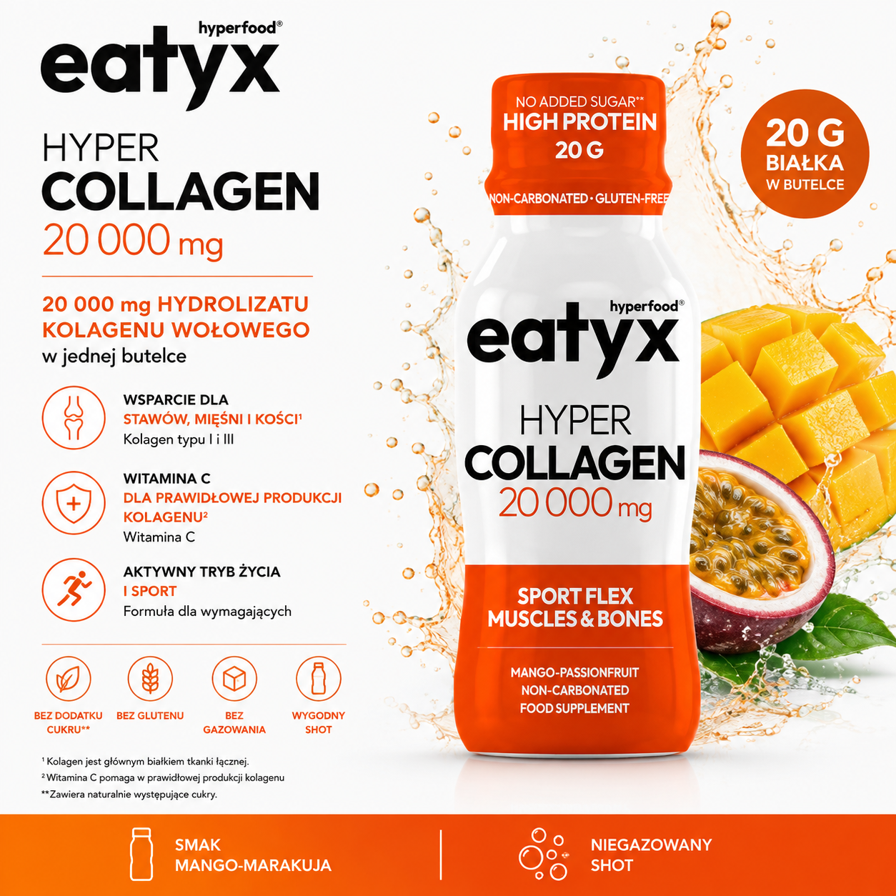 eatyx Hyper Collagen Sport Flex – shot 95 ml z 20 000 mg hydrolizatu kolagenu wołowego i witaminą C, smak mango-marakuja.