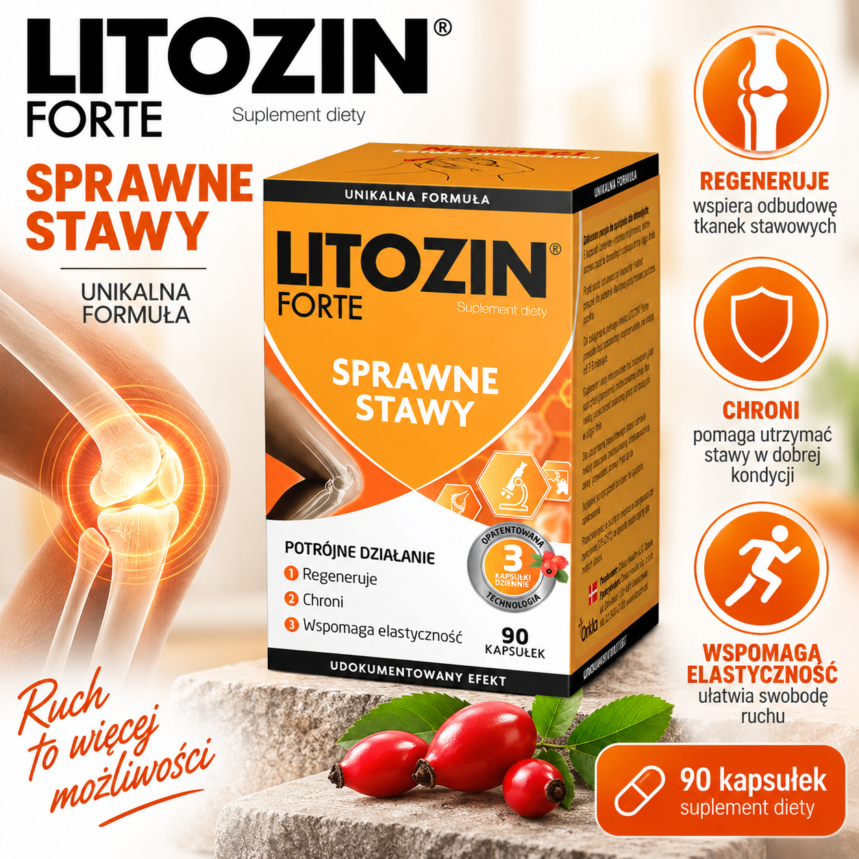 Litozin Forte Sprawne Stawy – suplement diety, 90 kapsułek, unikalna formuła z dziką różą, zalecana porcja 3 kapsułki dziennie.