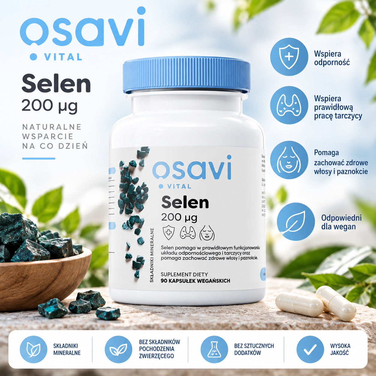 Osavi Vital Selen 200 µg – suplement diety, 90 kapsułek wegańskich, zawierający selen.