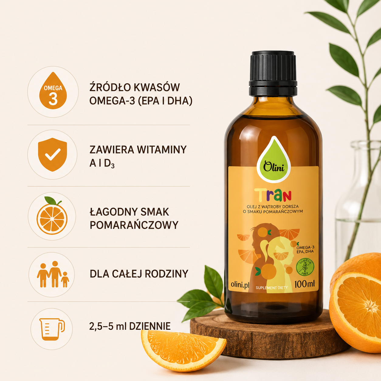 Tran o smaku pomarańczowym Olini 100 ml – źródło kwasów omega-3 EPA i DHA oraz witamin A i D3, suplement diety dla całej rodziny.