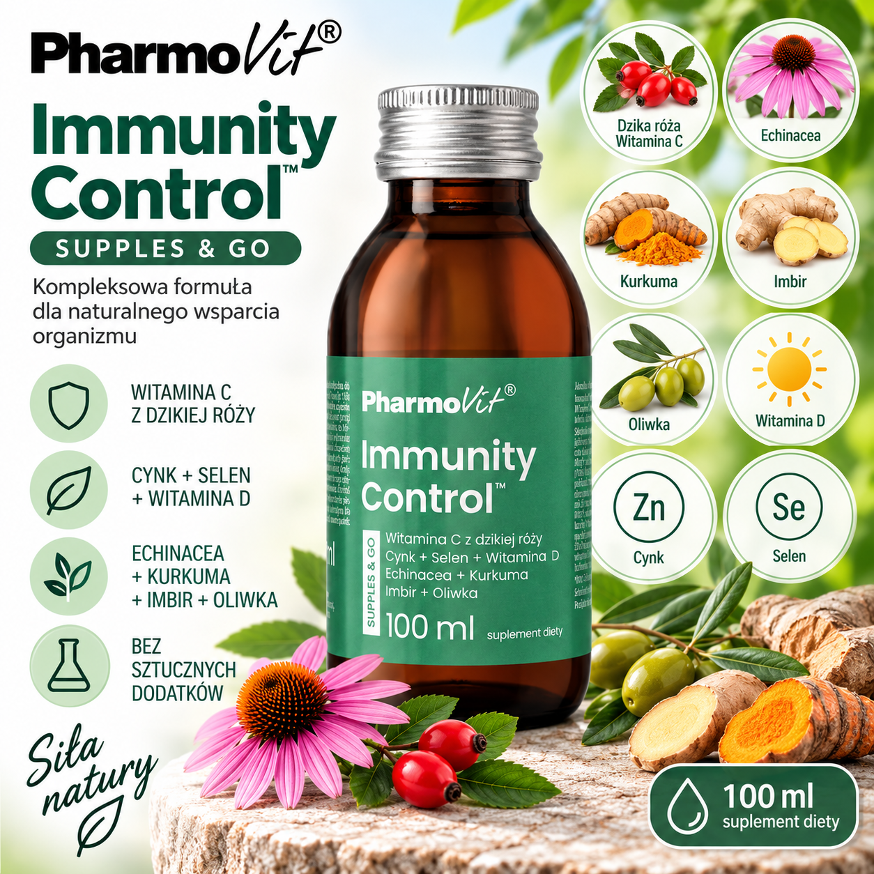 PharmoVit Immunity Control Supples & Go – suplement diety w płynie, 100 ml, z witaminami C i D, cynkiem, selenem, echinaceą, kurkumą, imbirem i oliwką.