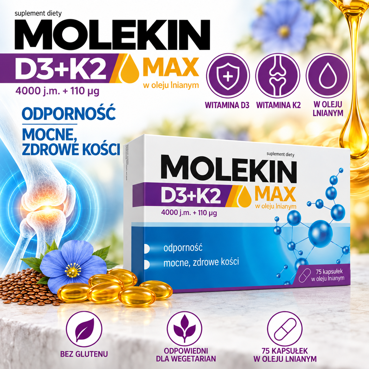 Molekin D3+K2 MAX w oleju lnianym – suplement diety, 75 kapsułek, zawierający witaminę D3 4000 j.m. oraz witaminę K2 110 µg.