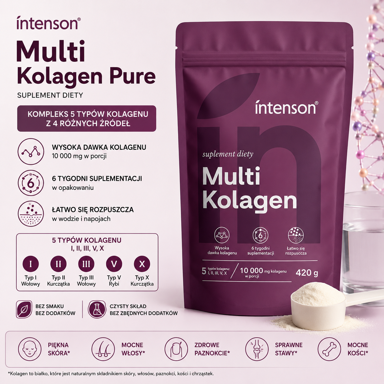 Multi Kolagen Pure Intenson 420 g – suplement diety zawierający kompleks 5 typów kolagenu I, II, III, V i X z 4 różnych źródeł, bez smaku i dodatków.