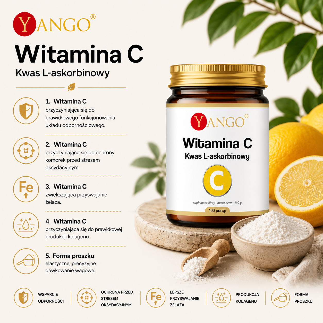 Witamina C – kwas L-askorbinowy w proszku, suplement diety 100 g, 100 porcji, wspierający odporność, ochronę komórek przed stresem oksydacyjnym i produkcję kolagenu.