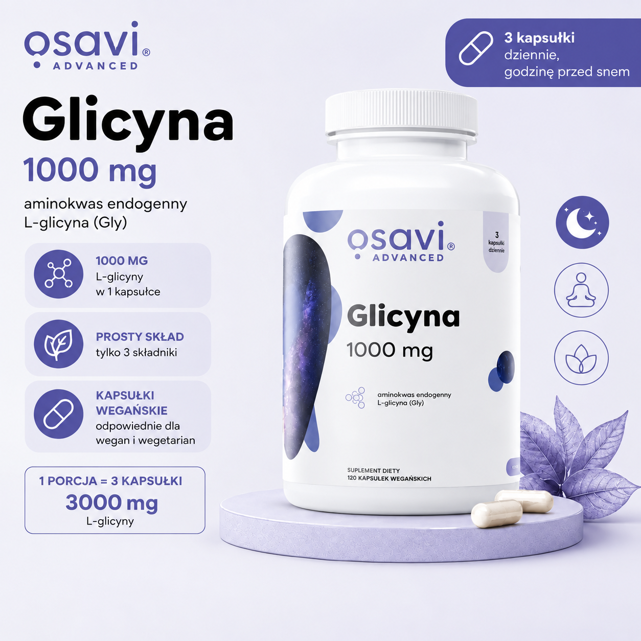 Grafika  pokazujca suplement diety Osavi Advanced Glicyna 1000 mg z białą butelką kapsułek na fioletowym tle, przedstawiająca informacje o składzie, dawkowaniu i kapsułkach wegańskich.