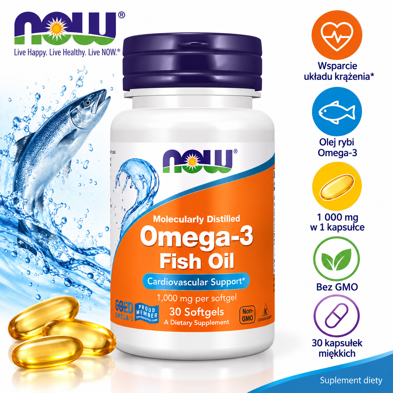 NOW Foods Omega-3 Fish Oil 1000 mg – suplement diety, 30 kapsułek softgel, zawierający olej rybi Omega-3, destylowany molekularnie.