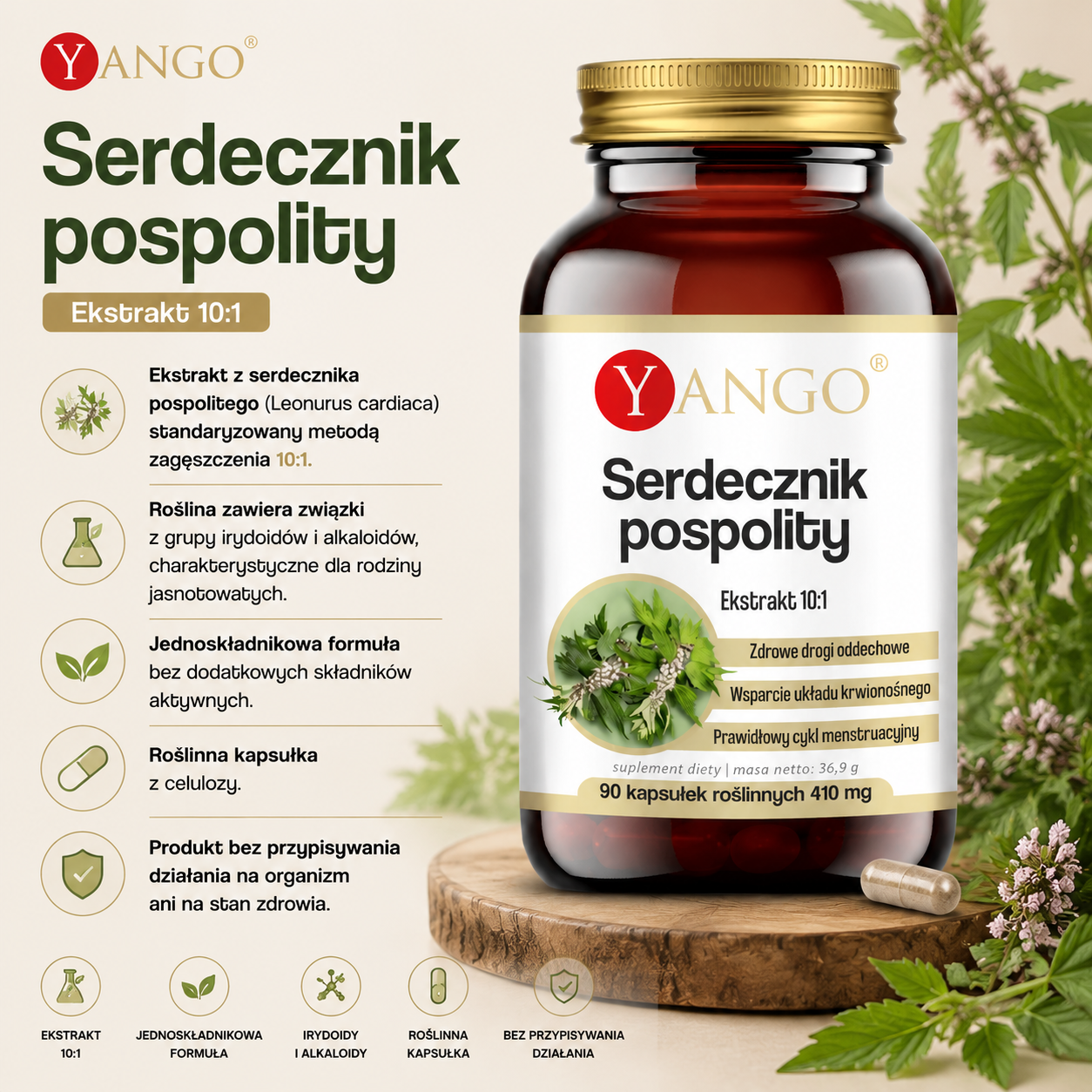 Opakowanie suplementu diety "Serdecznik pospolity" firmy Yango, stojące na drewnianej podstawce, otoczone roślinami.