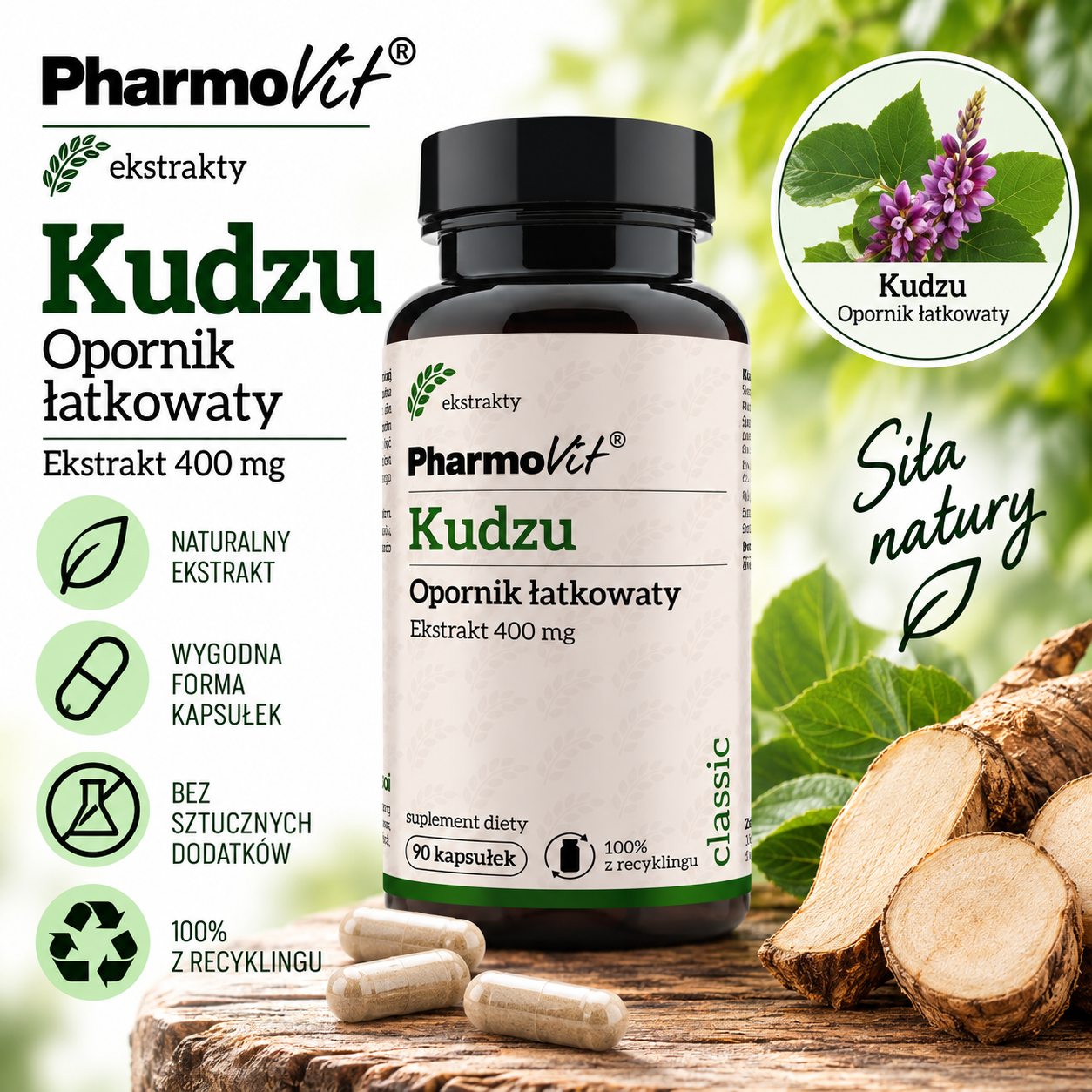 PharmoVit Kudzu Opornik łatkowaty – suplement diety, 90 kapsułek, zawierający 400 mg ekstraktu z opornika łatkowatego.
