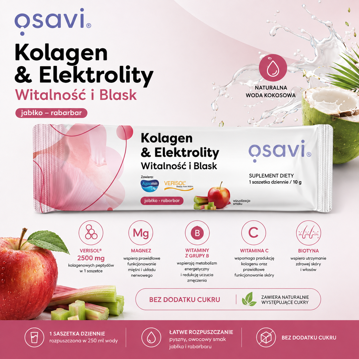 Osavi Kolagen & Elektrolity Witalność i Blask – suplement diety 10 g o smaku jabłka i rabarbaru, z VERISOL® 2500 mg, magnezem, witaminami B i C oraz biotyną.