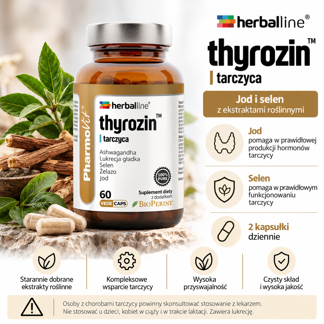 PharmoVit Herballine Thyrozin™ Tarczyca – suplement diety, 60 kapsułek wegańskich, zawierający ashwagandhę, lukrecję, selen, żelazo i jod.