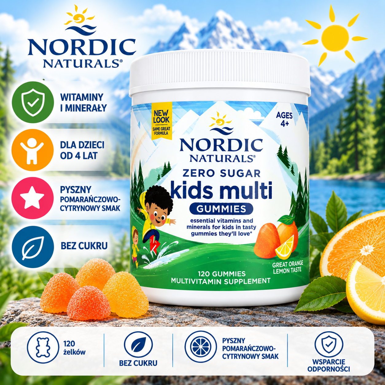 Nordic Naturals Kids Multi Zero Sugar – multiwitamina dla dzieci od 4 lat, 120 żelków bez cukru o smaku pomarańczowo-cytrynowym.