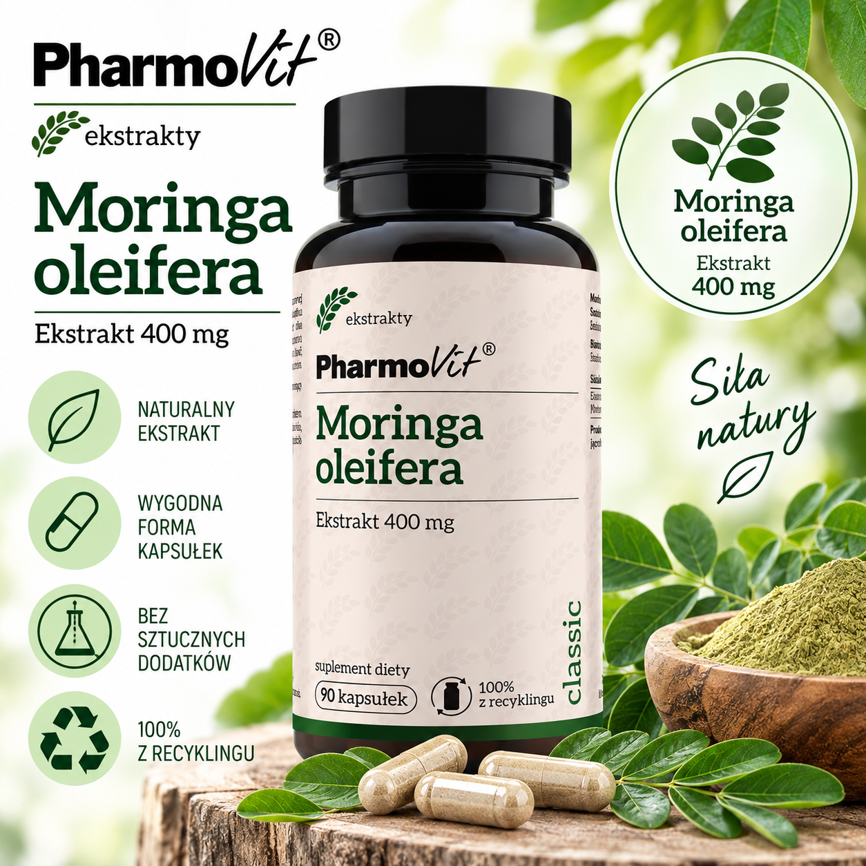 PharmoVit Moringa oleifera – suplement diety, 90 kapsułek, zawierający 400 mg ekstraktu z moringi olejodajnej w kapsułce.