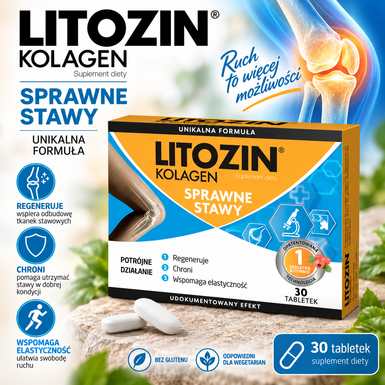 Litozin Kolagen Sprawne Stawy – suplement diety, 30 tabletek, formuła z kolagenem przeznaczona do codziennego uzupełniania diety.