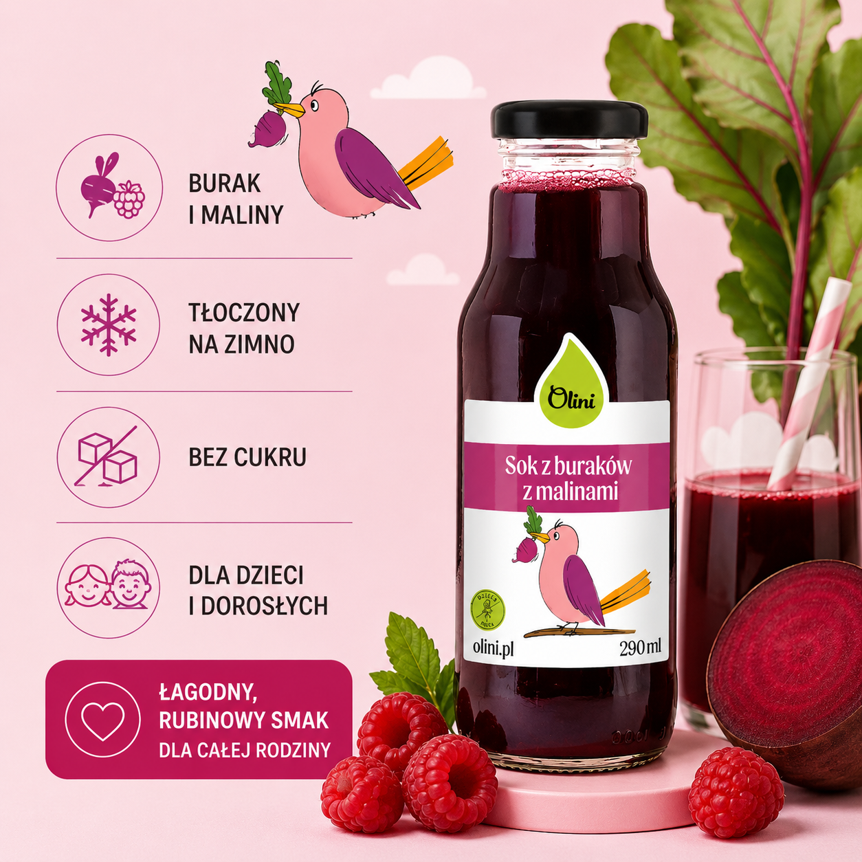 Sok z buraków z malinami Olini 290 ml dla dzieci i dorosłych – tłoczony na zimno, bez dodatku cukru, o łagodnym smaku buraka i malin.