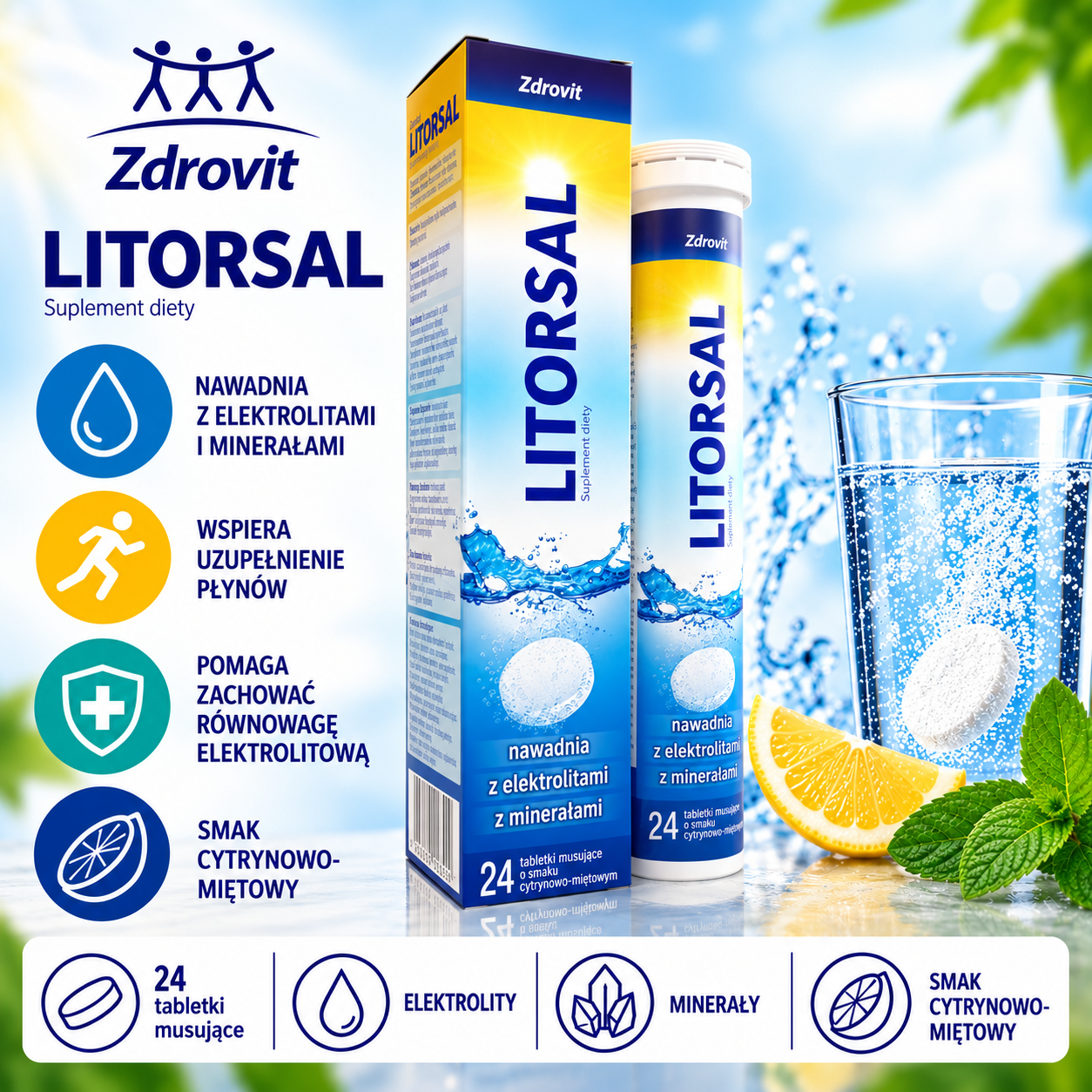 Zdrovit Litorsal – suplement diety, 24 tabletki musujące o smaku cytrynowo-miętowym, zawierający elektrolity i minerały.