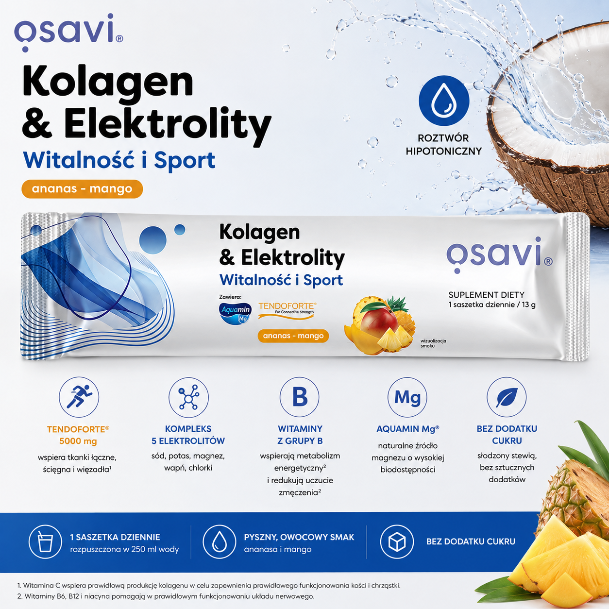 Osavi Kolagen & Elektrolity Witalność i Sport – suplement diety 13 g o smaku ananasa i mango, z TENDOFORTE® 5000 mg, kompleksem 5 elektrolitów i witaminami z grupy B.