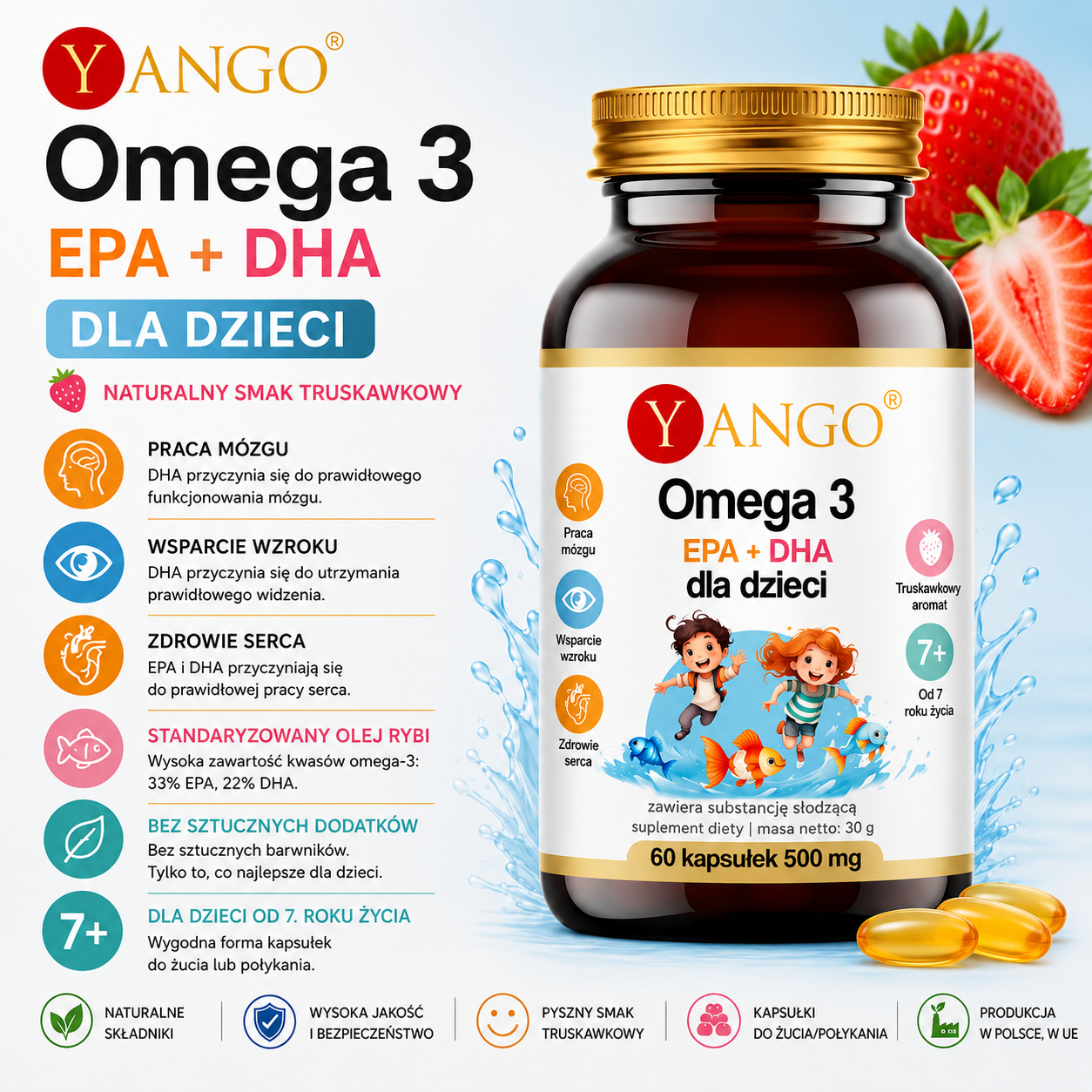 Butelka suplementu Omega 3 dla dzieci Yango o smaku truskawkowym, informacje o zaletach dla mózgu, wzroku i serca. 60 kapsułek, 500 mg.