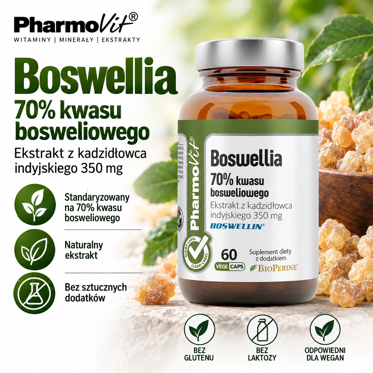 PharmoVit Boswellia 70% kwasu bosweliowego – suplement diety, 60 kapsułek wegańskich, zawierający 350 mg ekstraktu z kadzidłowca indyjskiego z BioPerine®.