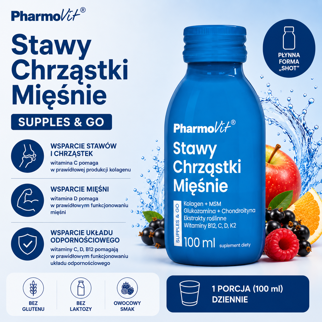 PharmoVit Stawy Chrząstki Mięśnie Supples & Go – suplement diety w płynnej formie, 100 ml, z kolagenem, MSM, glukozaminą, chondroityną oraz witaminami C, D, K2 i B12.