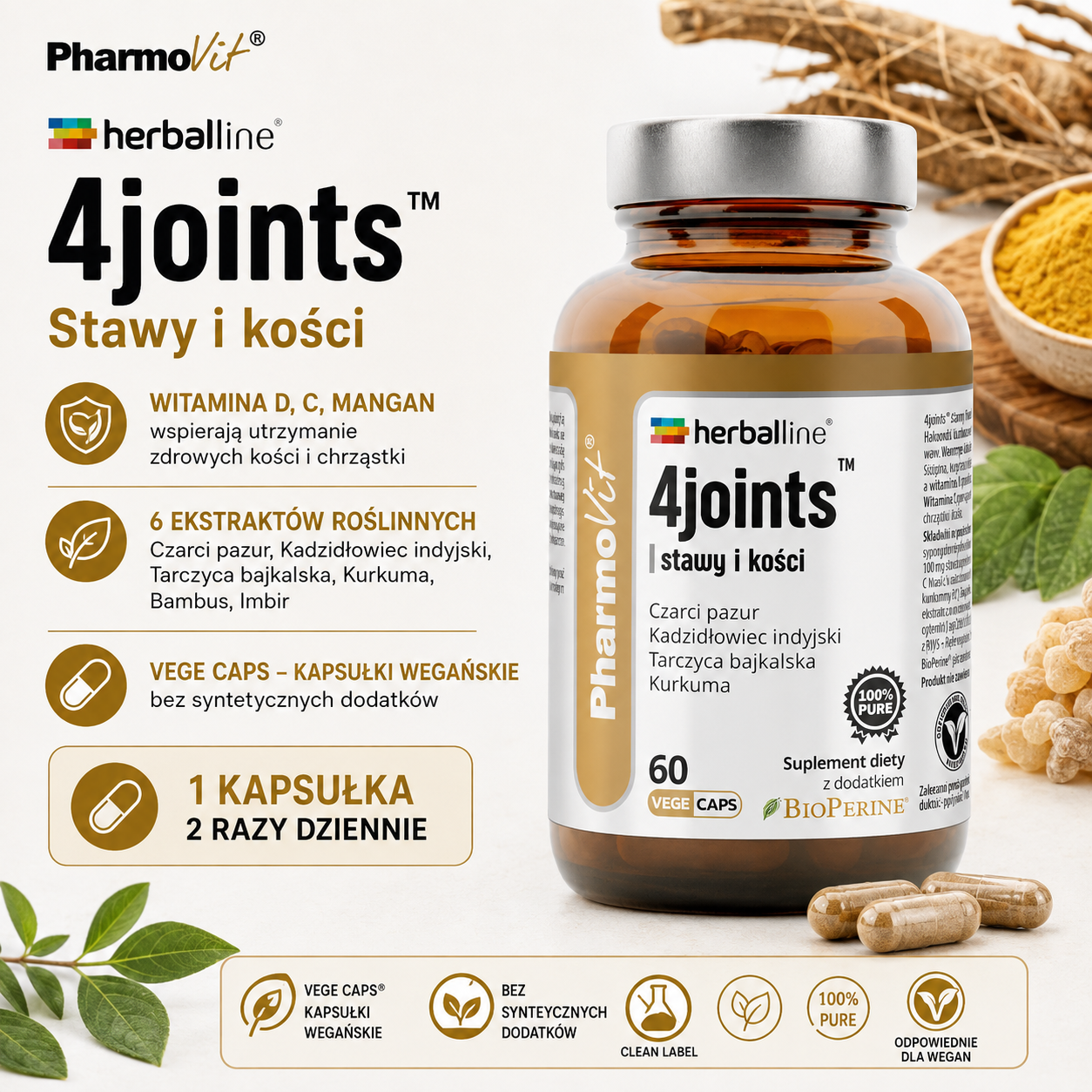PharmoVit Herballine 4joints™ Stawy i Kości – suplement diety, 60 kapsułek wegańskich, z witaminami C i D, manganem oraz 6 ekstraktami roślinnymi.