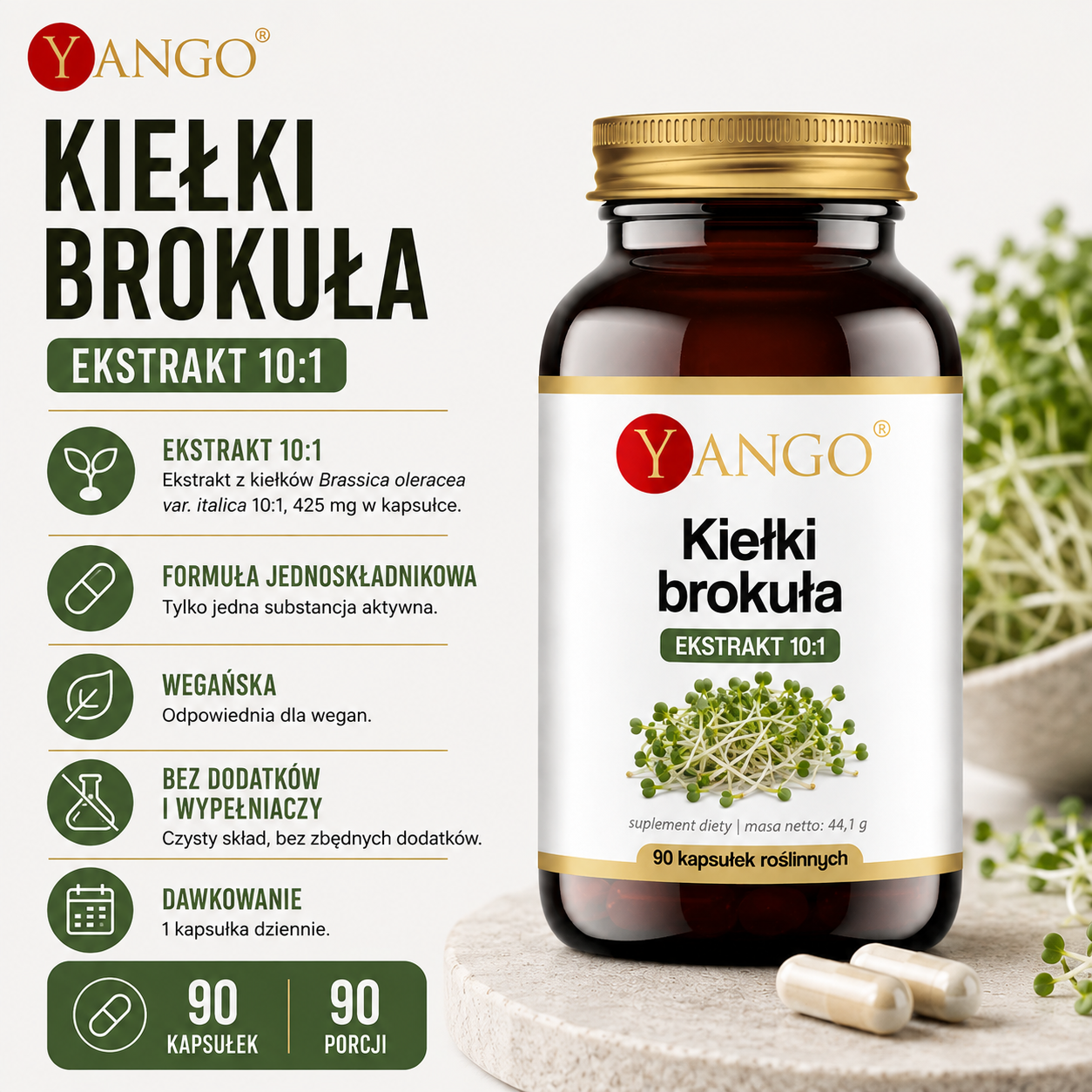 Butelka suplementu "Kiełki brokuła" Yango z informacjami o składzie, wegańska, bez dodatków, 90 kapsułek. Ekstrakt 10:1.