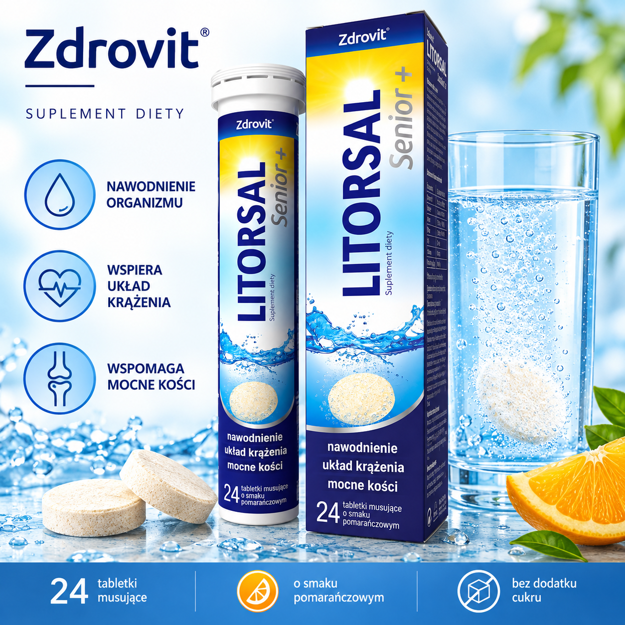 Zdrovit Litorsal Senior+ – suplement diety, 24 tabletki musujące o smaku pomarańczowym, zawierający elektrolity i składniki mineralne.