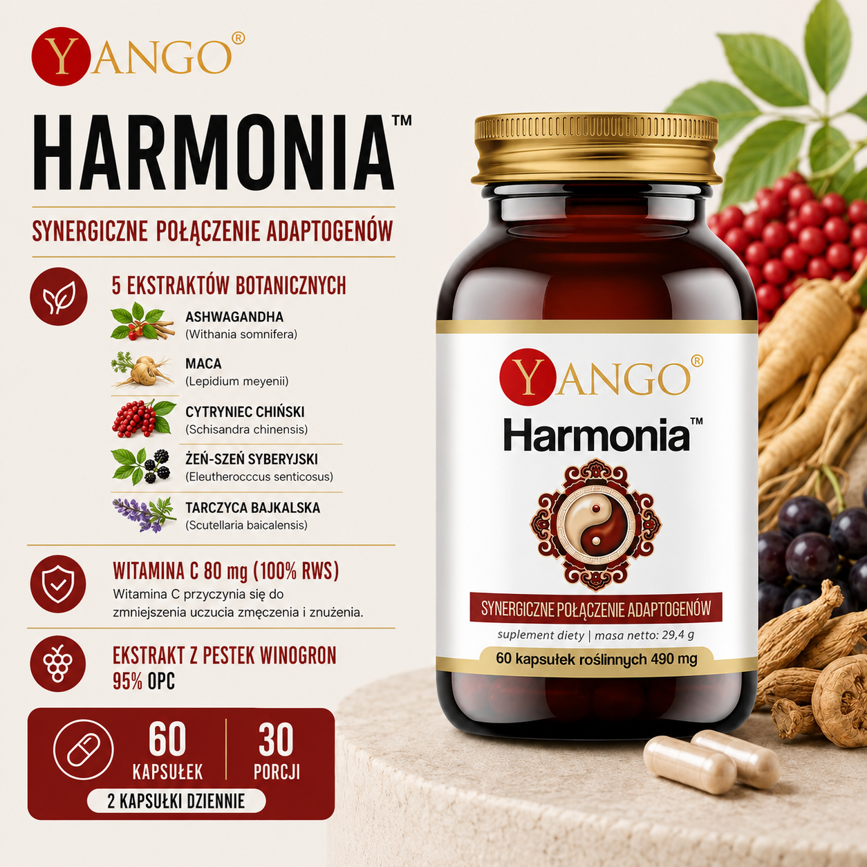 Harmonia – suplement diety, 60 kapsułek roślinnych, kompleks 5 ekstraktów roślinnych z witaminą C i ekstraktem z pestek winogron 95% OPC.