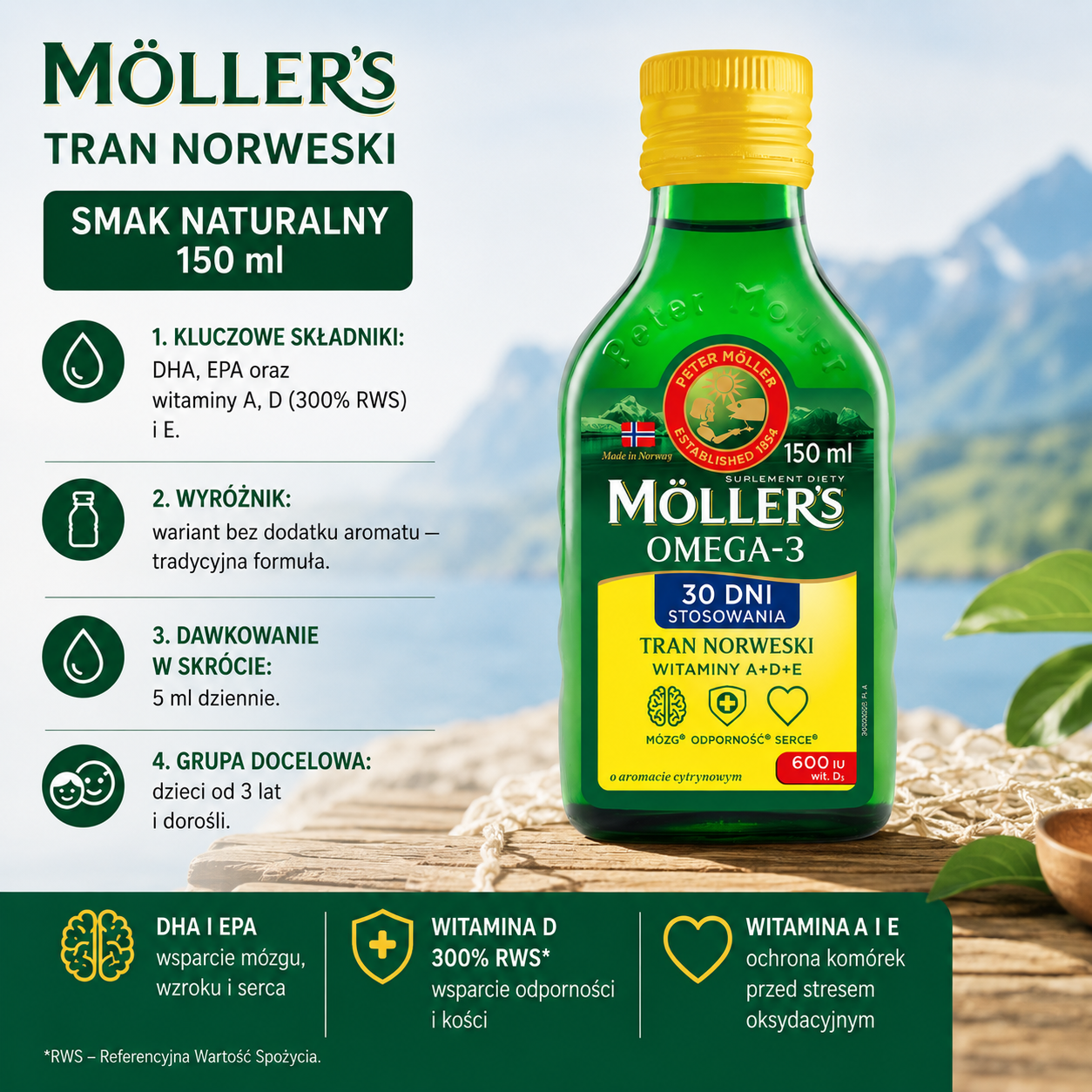 Möller's Tran Norweski Omega-3, smak naturalny, 250 ml – suplement diety z DHA, EPA oraz witaminami A, D i E, dla dzieci od 3 lat i dorosłych.