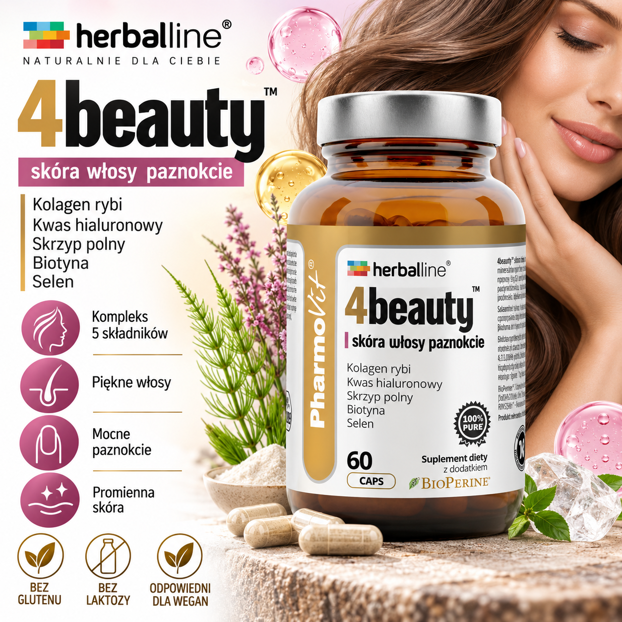 PharmoVit Herballine 4Beauty – suplement diety, 60 kapsułek, zawierający kolagen rybi, kwas hialuronowy, skrzyp polny, biotynę i selen.