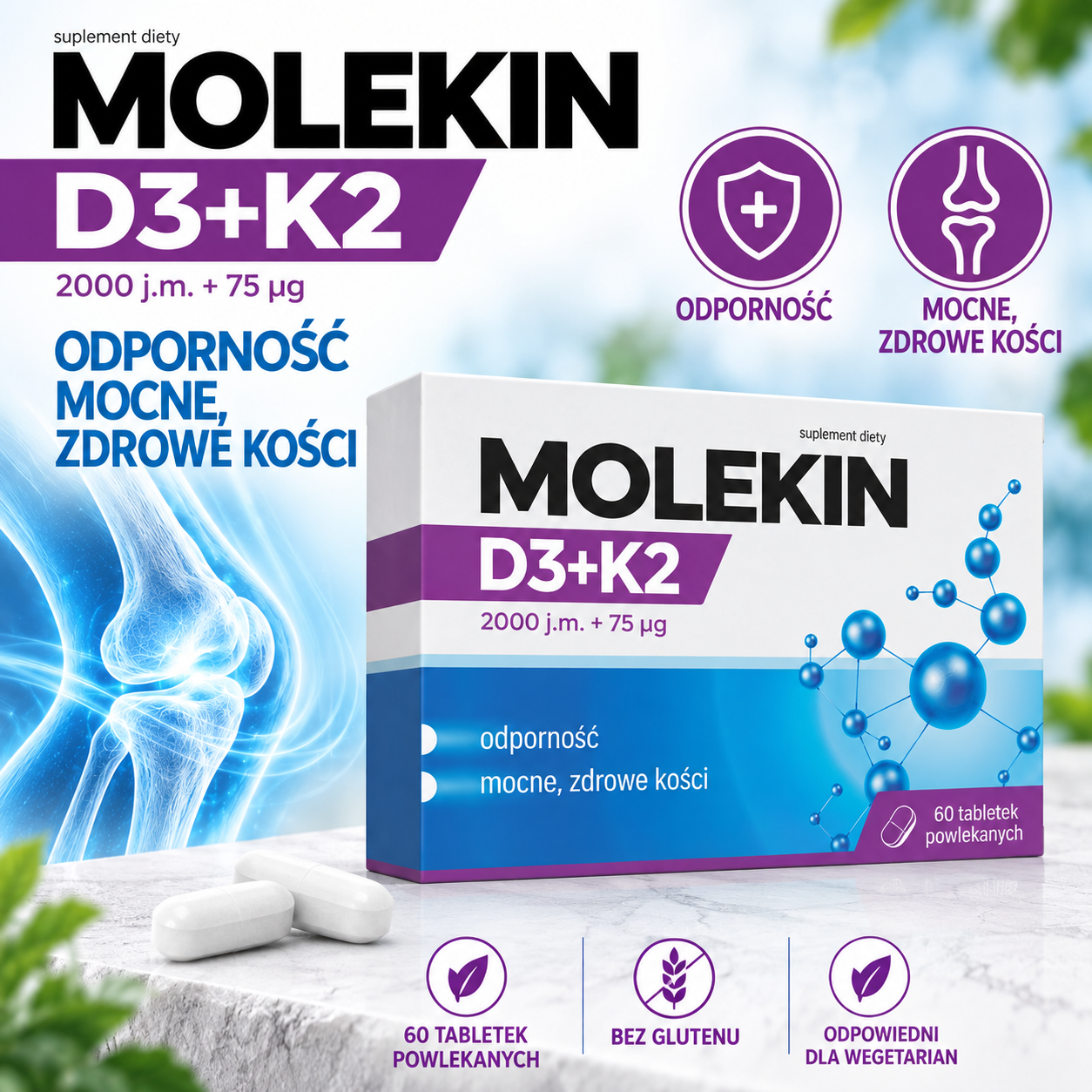 Molekin D3+K2 2000 j.m. + 75 µg – suplement diety, 60 tabletek powlekanych, zawierający witaminę D3 i witaminę K2.