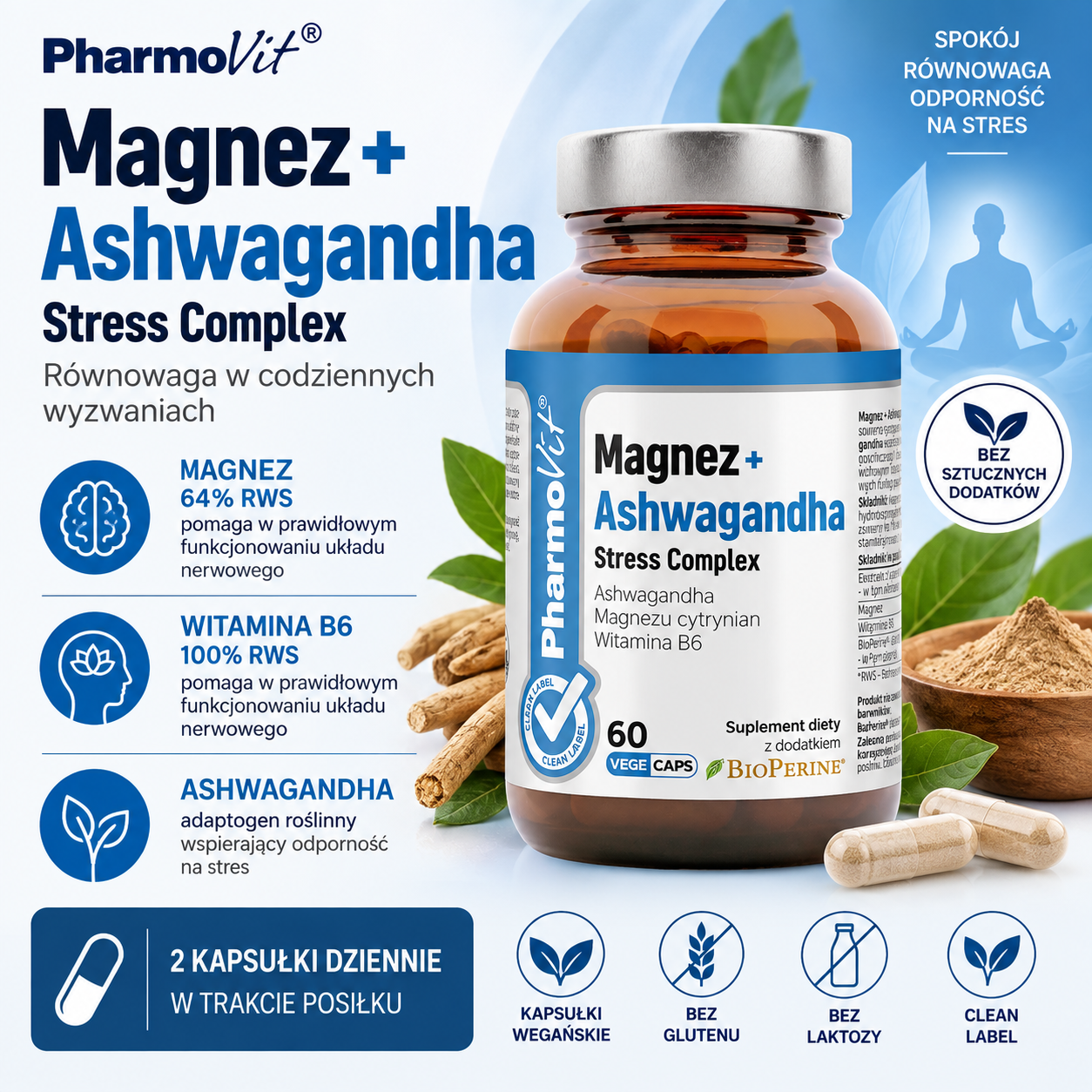 PharmoVit Magnez + Ashwagandha Stress Complex – suplement diety, 60 kapsułek wegańskich, z magnezem, witaminą B6 i ashwagandhą.