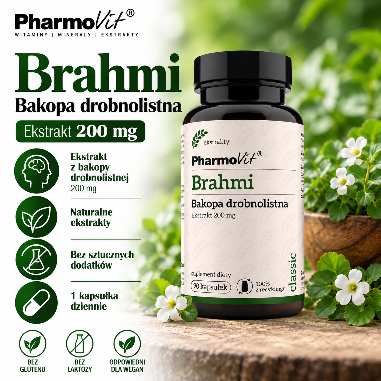 PharmoVit Brahmi Bakopa drobnolistna – suplement diety, 90 kapsułek, zawierający 200 mg ekstraktu z bakopy drobnolistnej w kapsułce.