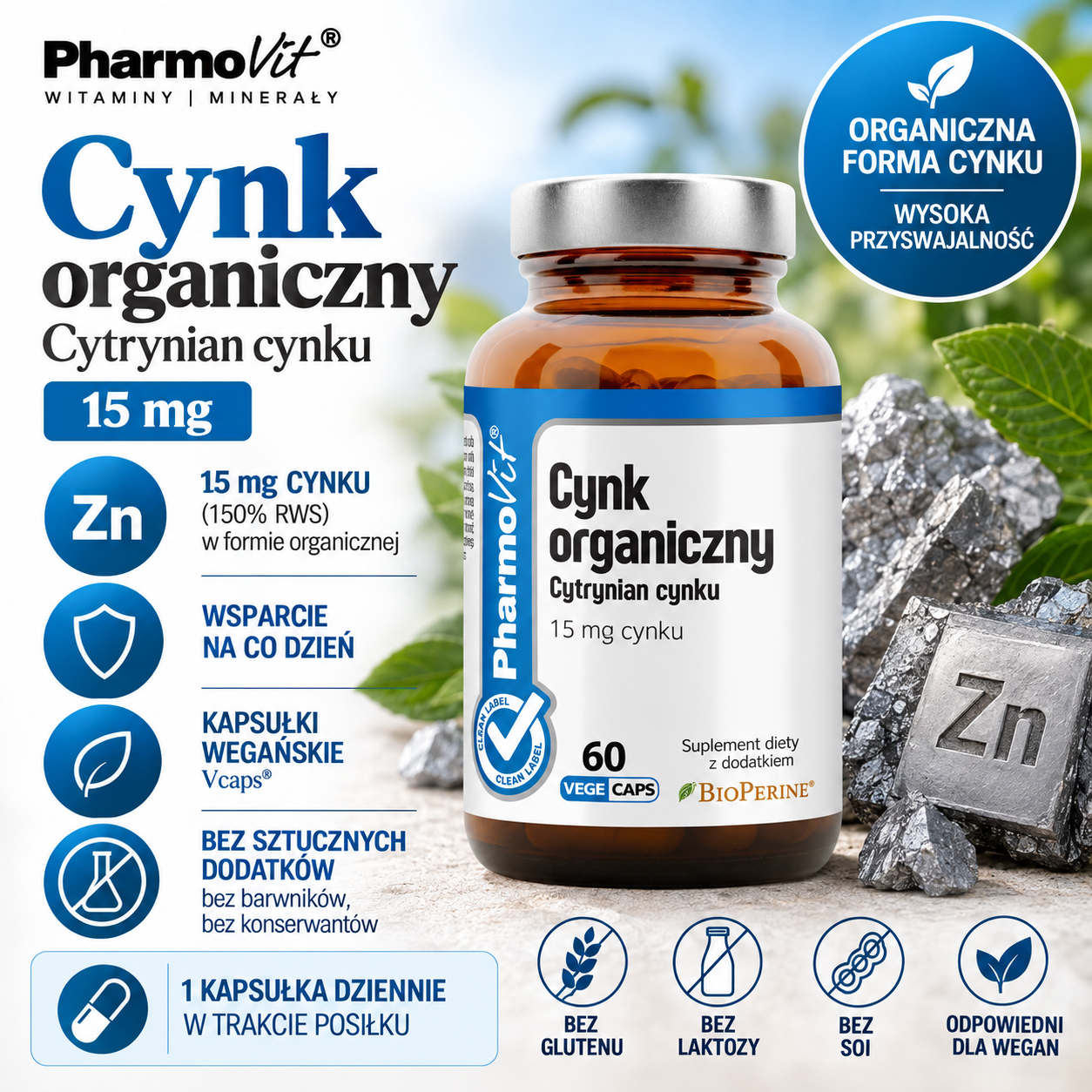 PharmoVit Cynk Organiczny 15 mg – suplement diety, 60 kapsułek wegańskich Vcaps®, zawierający cynk w formie cytrynianu, 150% RWS.