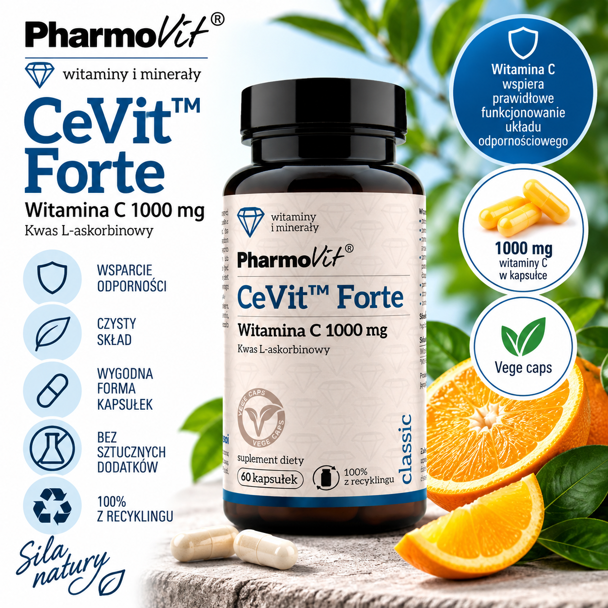 PharmoVit CeVit™ Forte Witamina C 1000 mg – suplement diety, 60 kapsułek wegańskich, zawierający kwas L-askorbinowy.