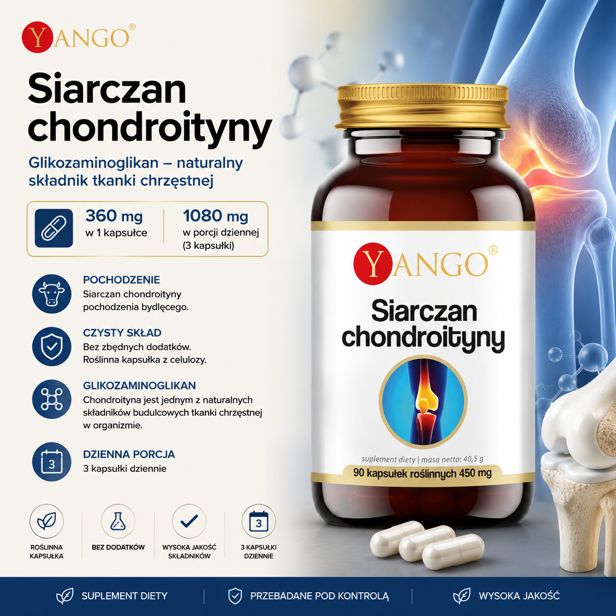 Opakowanie suplementu diety "Siarczan chondroityny" marki Yango, z kapsułkami roślinnymi, i informacjami o składzie oraz dawkowaniu na tle grafiki stawu.