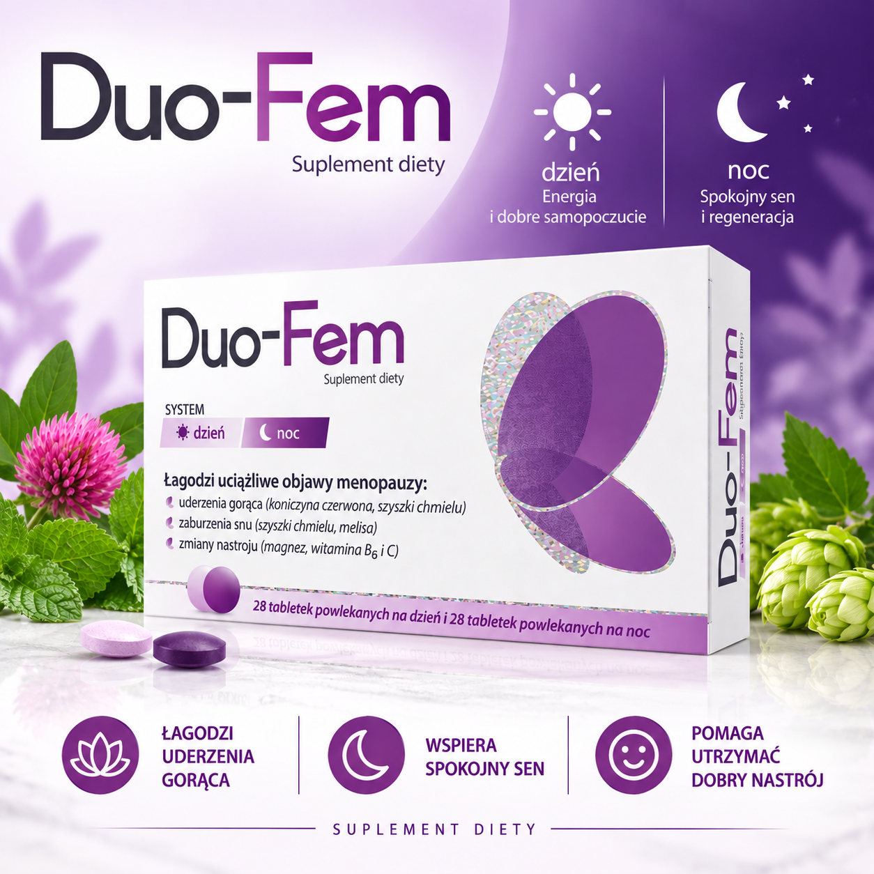 Duo-Fem – suplement diety dla kobiet w okresie menopauzy, 28 tabletek powlekanych na dzień i 28 tabletek na noc, z koniczyną czerwoną, chmielem, melisą, magnezem oraz witaminami B6 i C.