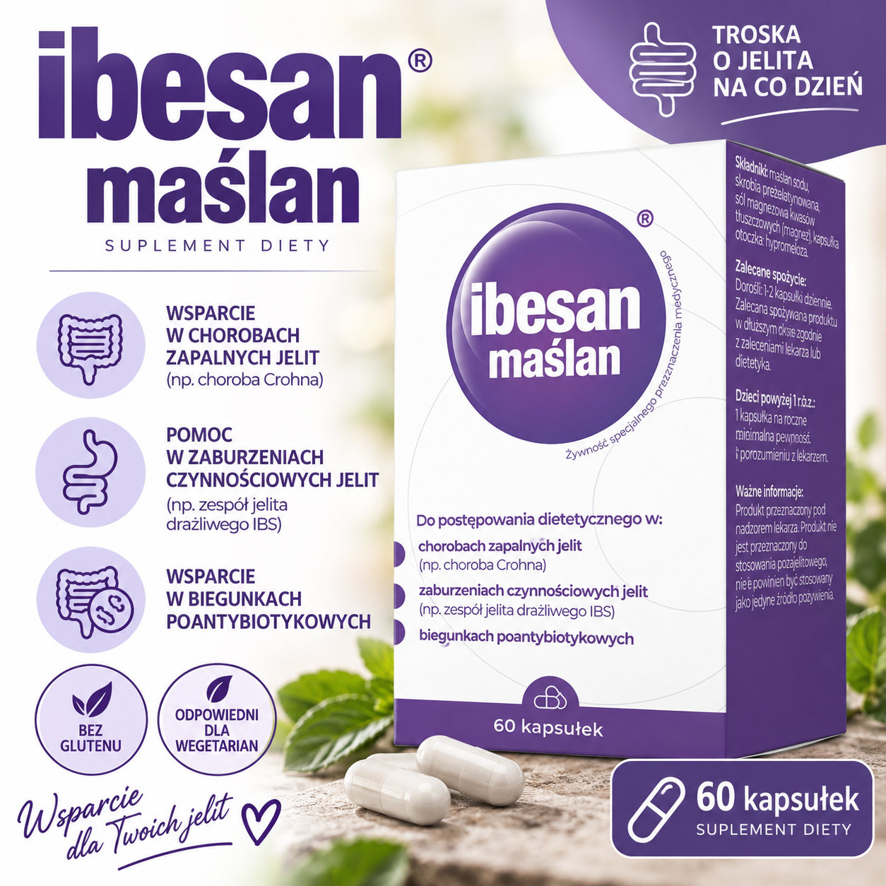 Ibesan Maślan – żywność specjalnego przeznaczenia medycznego, 60 kapsułek, zawierająca maślan sodu.