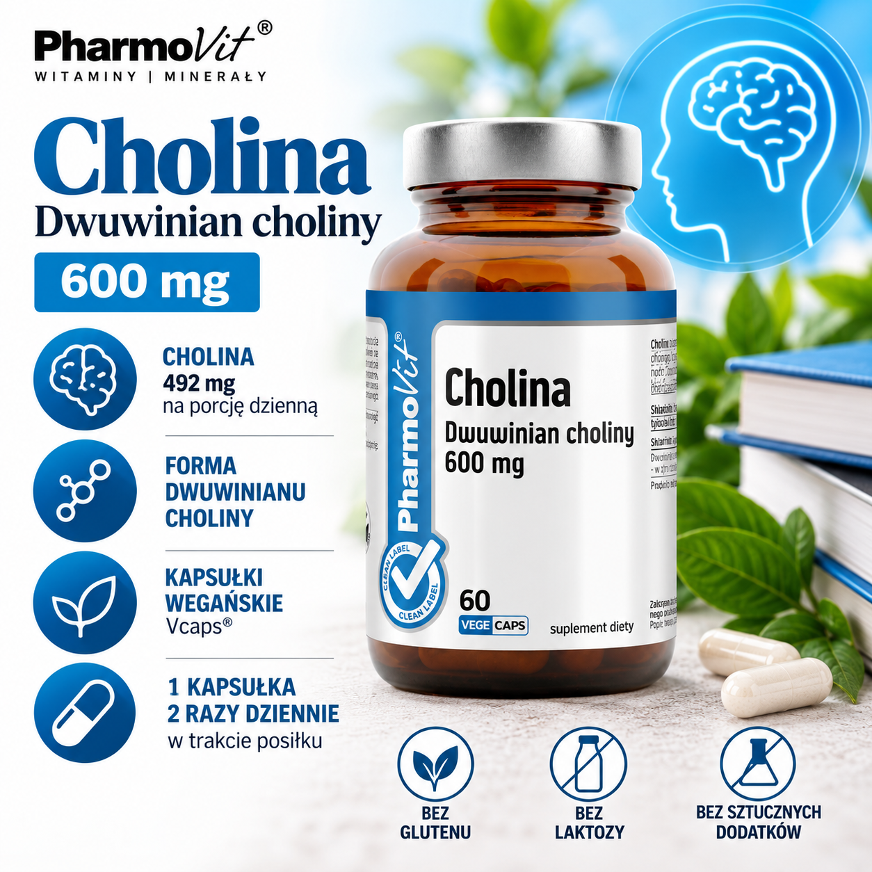 PharmoVit Cholina 600 mg – suplement diety, 60 kapsułek wegańskich Vcaps®, zawierający 492 mg choliny w porcji dziennej w formie dwuwinianu choliny.