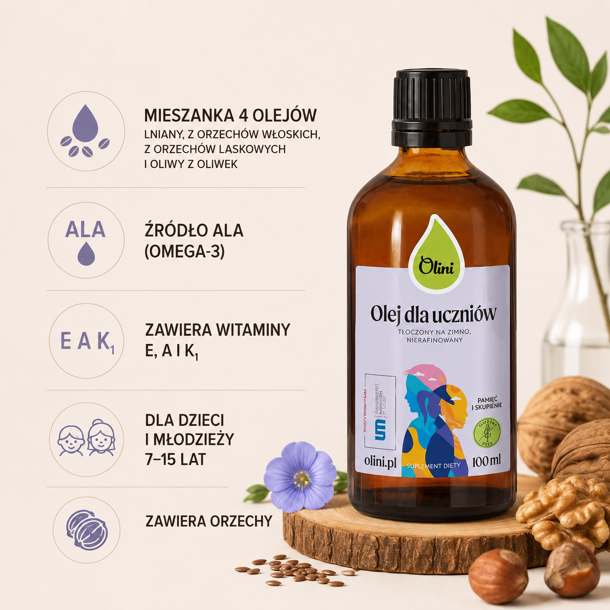 Olej dla uczniów Olini 100 ml – mieszanka oleju lnianego, z orzechów włoskich i laskowych oraz oliwy z oliwek, źródło ALA i witamin E, A i K1, dla dzieci i młodzieży 7–15 lat