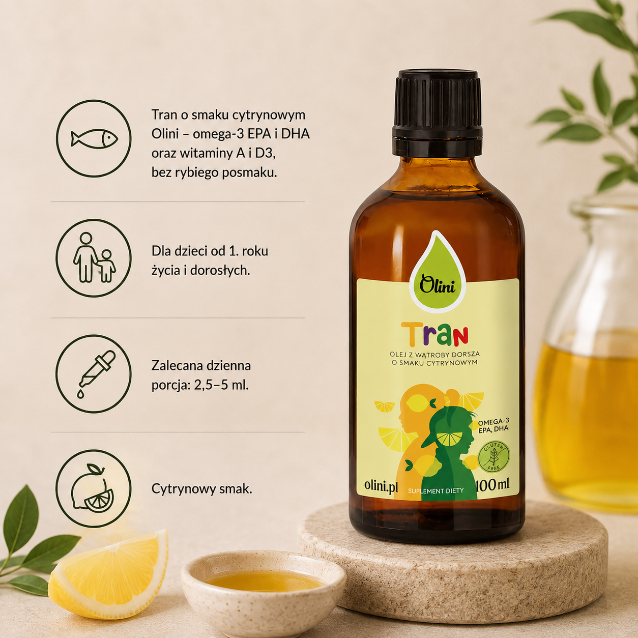 Tran cytrynowy Olini 100 ml – suplement diety z olejem z wątroby dorsza, kwasami omega-3 EPA i DHA oraz witaminami A i D3, dla dzieci od 1. roku życia i dorosłych.