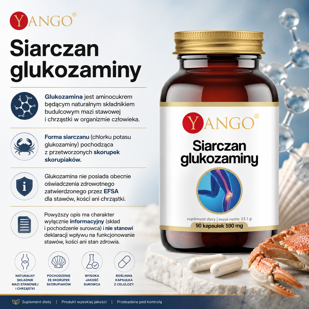 Suplement diety "Siarczan glukozaminy" marki Yango w butelce, obok skorupki kraba, tekst informacyjny i ikony o naturalnym pochodzeniu.