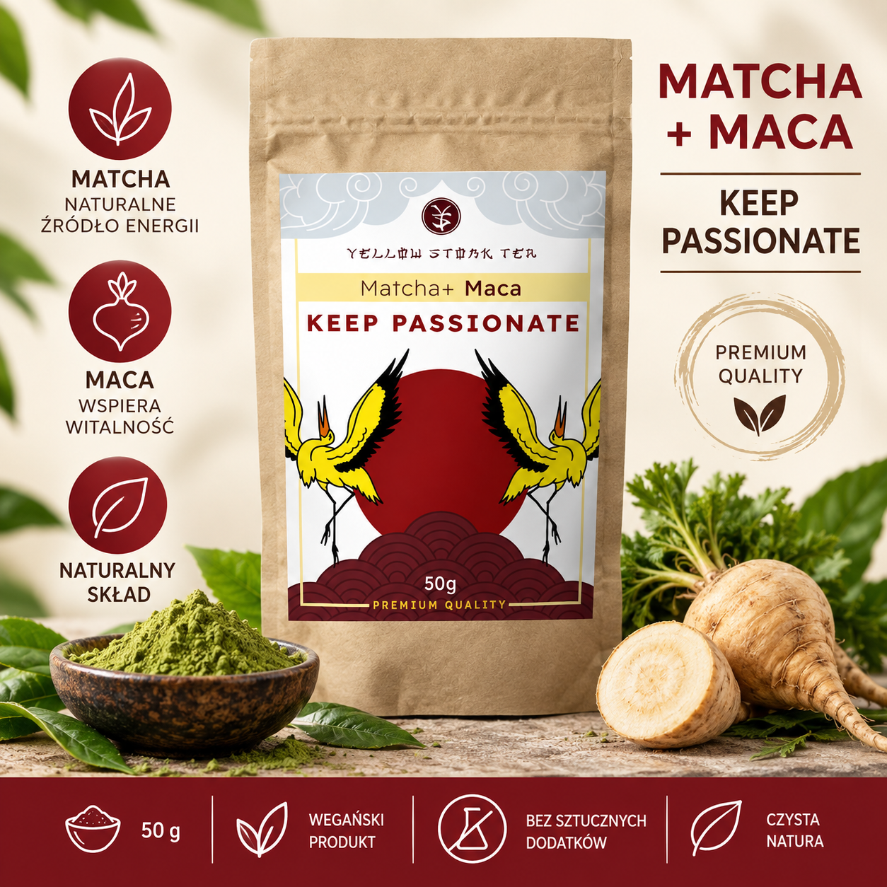 Matcha + Maca Keep Passionate – mieszanka matchy i maca, 50 g, produkt wegański, bez sztucznych dodatków.