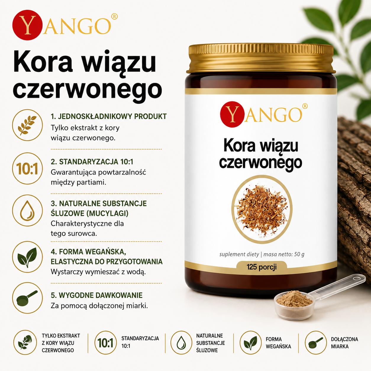 Yango Kora wiązu czerwonego – suplement diety, ekstrakt 10:1, 50 g, 125 porcji, forma wegańska, z dołączoną miarką.