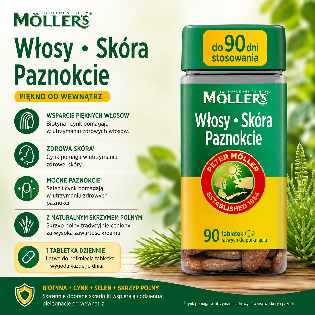 Möller’s Włosy Skóra Paznokcie – suplement diety z biotyną, cynkiem, selenem i skrzypem polnym, wspierający utrzymanie zdrowych włosów, skóry i paznokci, 90 tabletek.