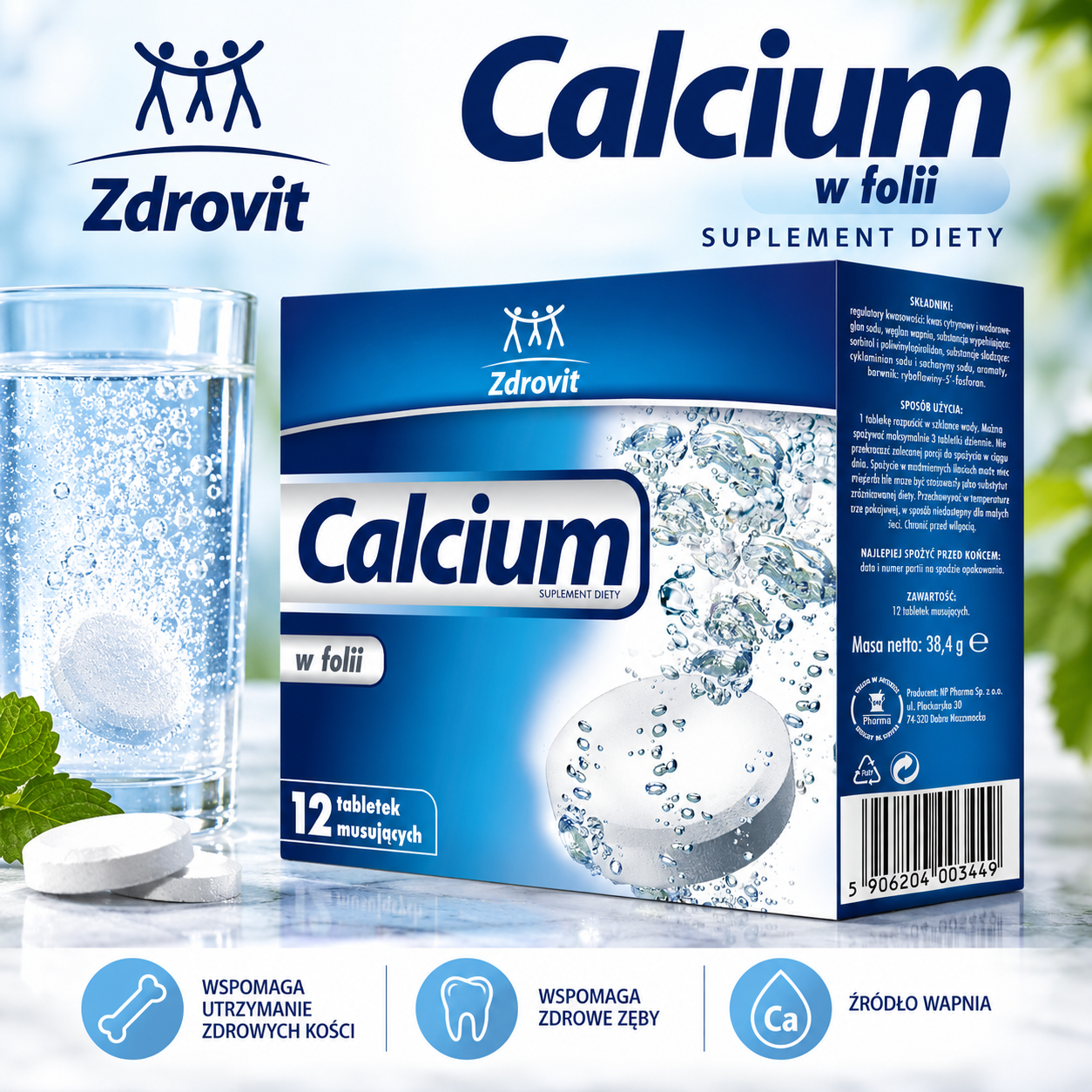 Zdrovit Calcium w folii – suplement diety, 12 tabletek musujących zawierających wapń, przeznaczonych do rozpuszczania w wodzie.