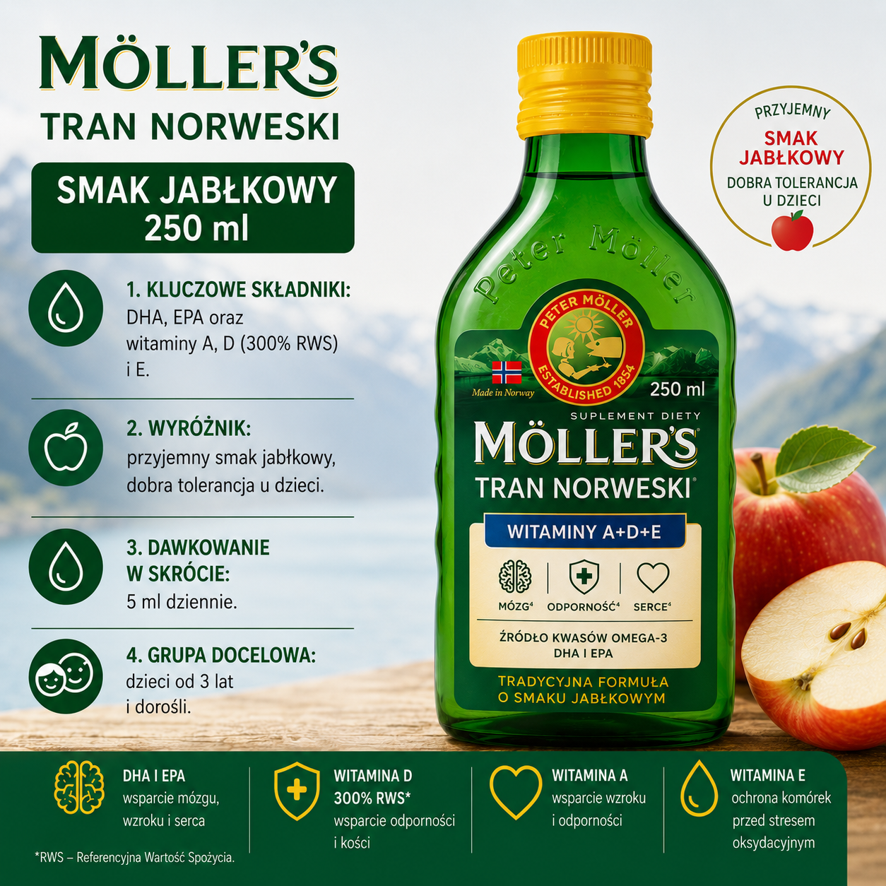Möller's Tran Norweski o smaku jabłkowym, 250 ml – suplement diety z DHA, EPA oraz witaminami A, D i E, dla dzieci od 3 lat i dorosłych.