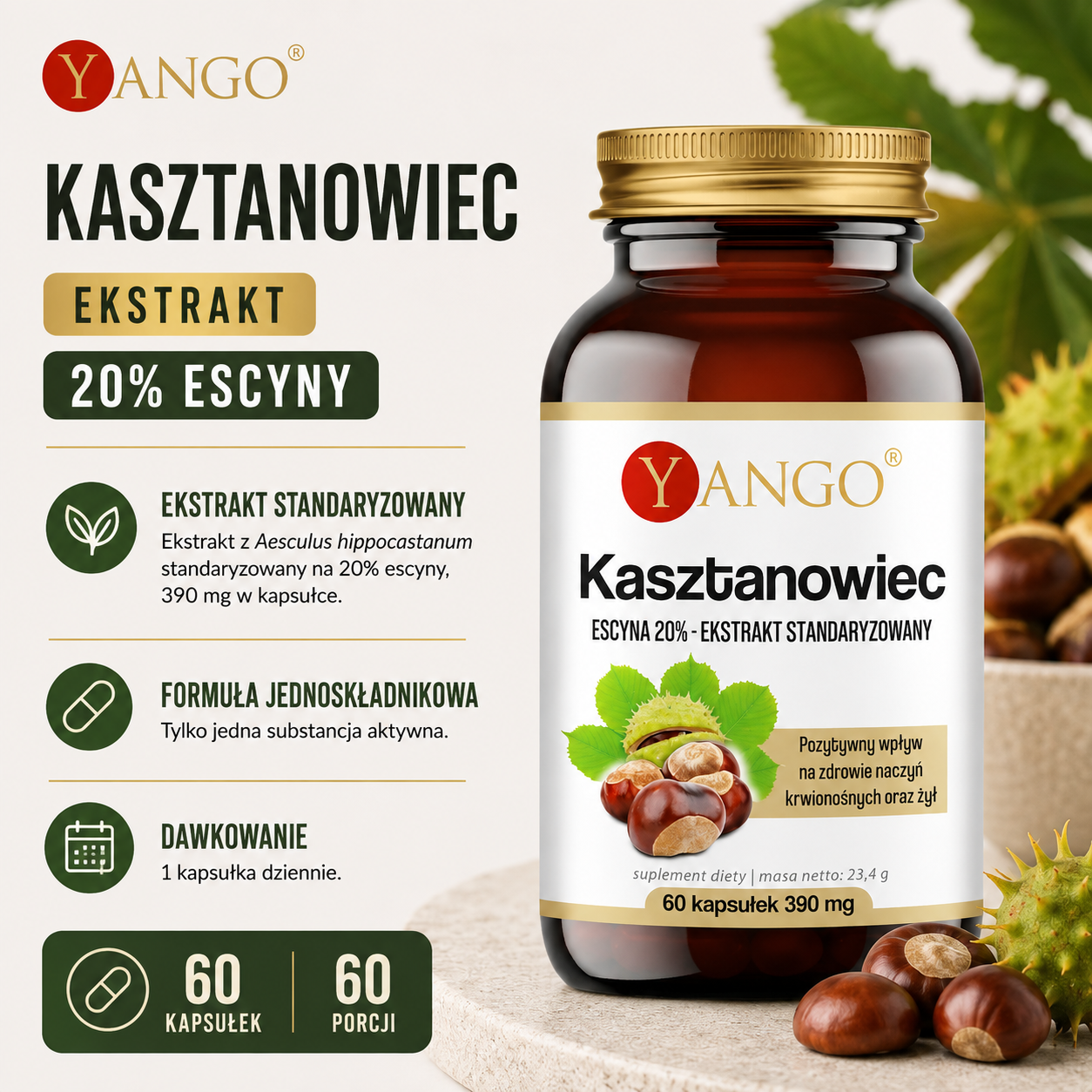 Butelka suplementu diety Yango Kasztanowiec, zawierającego ekstrakt 20% escyny. Obok leżą kasztany i liście. Opakowanie 60 kapsułek.